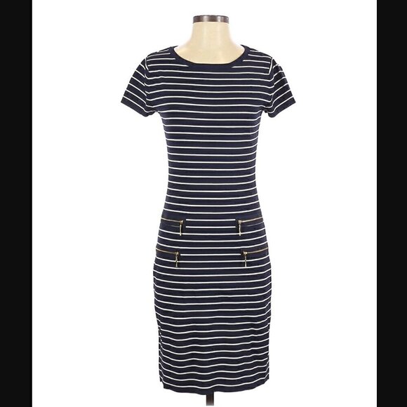 Carmen Marc Valvo Dress S Heavy Thick Knit Midi Striped Zipper Career Party - Picture 1 of 8